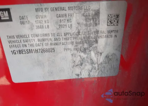 2017 Chevrolet Cruze Lt Auto z USA, uszkodzony, nr VIN 1G1BE5SM1H7268025